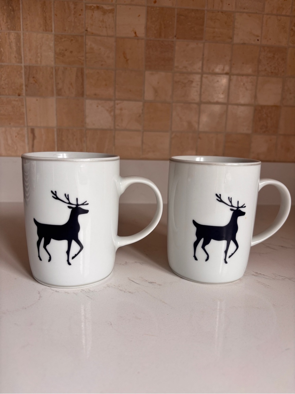 White Ceramic Deer Mugs - Set of 2